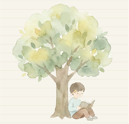A child sitting under a tree, reading a book